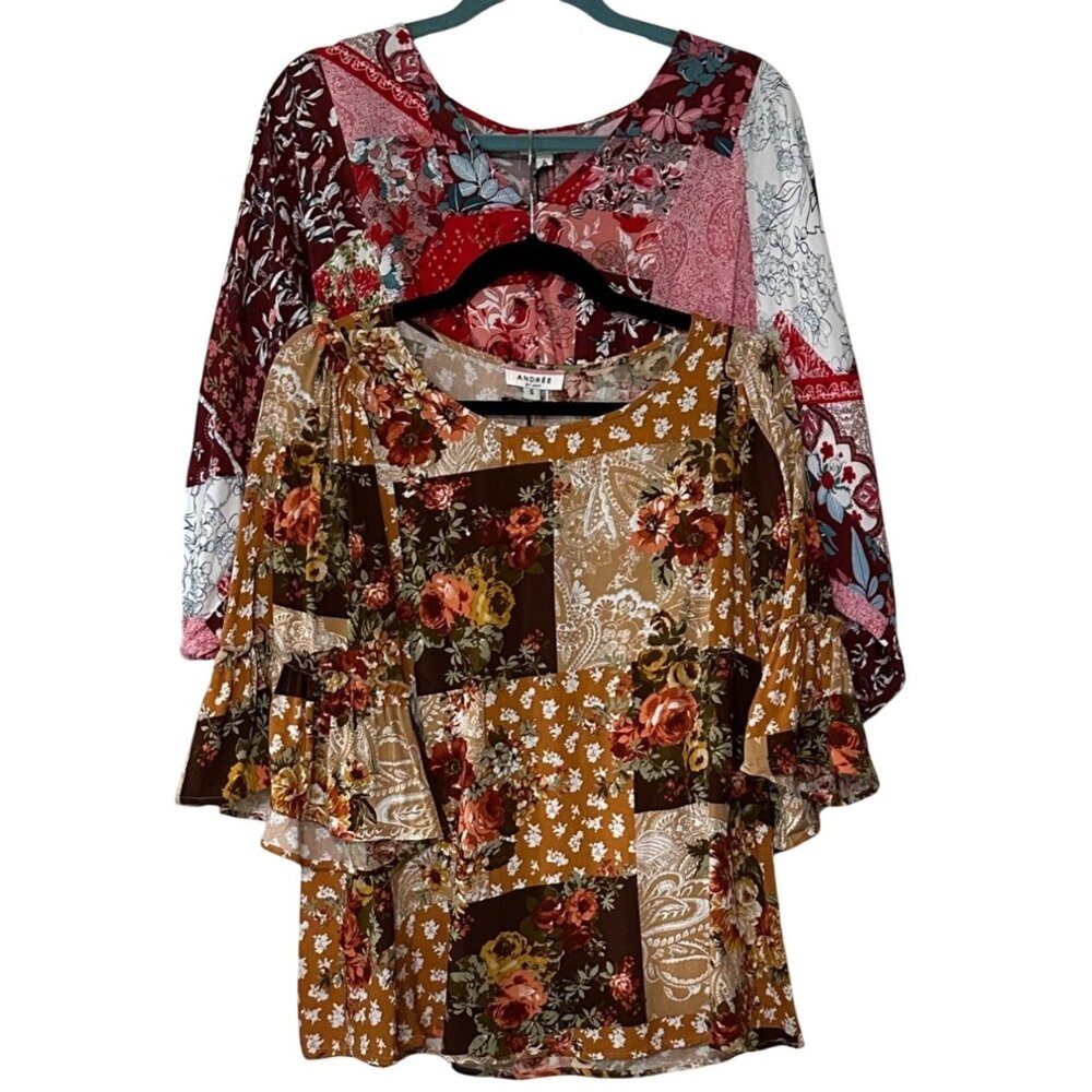 Lot of 2 ANDREE By Unit Brand Colorful Floral Blouses 100% Rayon Women's Size S